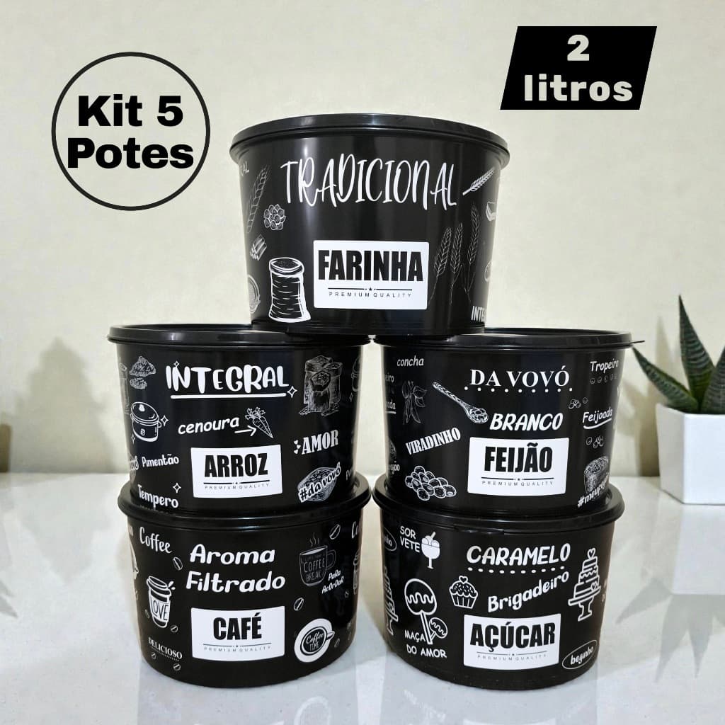 Kit 5 Potes Plásticos Pretos 2 Litros Porta Mantimentos Organizadores de Cozinha