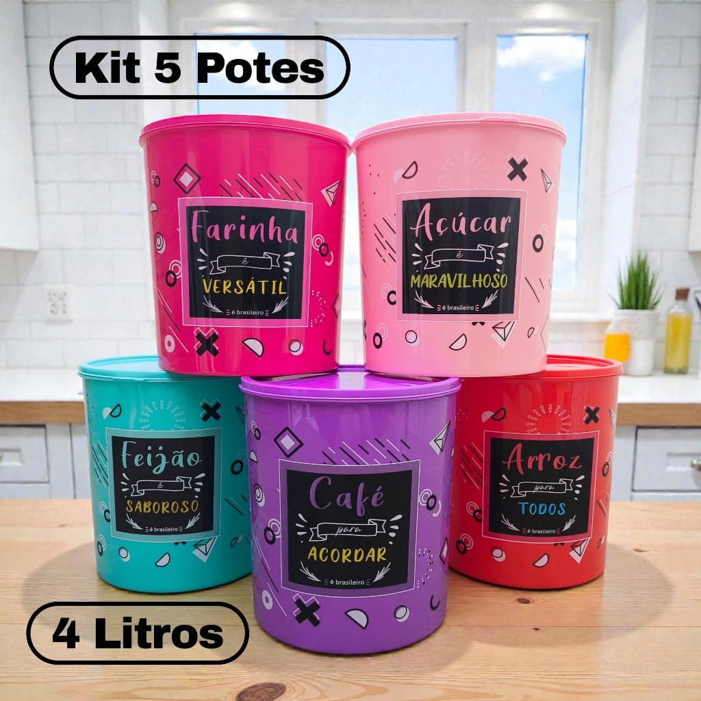 Kit 5 Potes Plásticos 4 Litros Porta Mantimentos Grandes Coloridos Decorados Cozinha