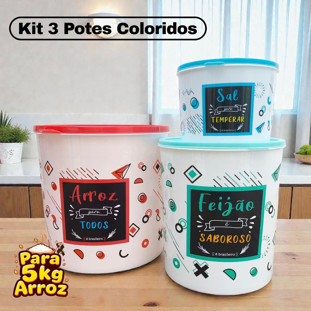 Kit 3 Potes Organizadores Plásticos Coloridos Porta Mantimentos Arroz Feijão Sal