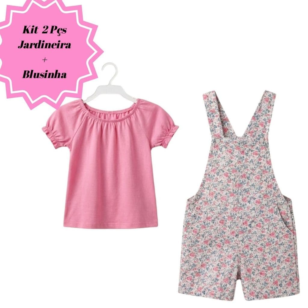Jardineira Infantil Menina 4 a 6 Meses Kit 2Pçs: Jardineira + Blusinha