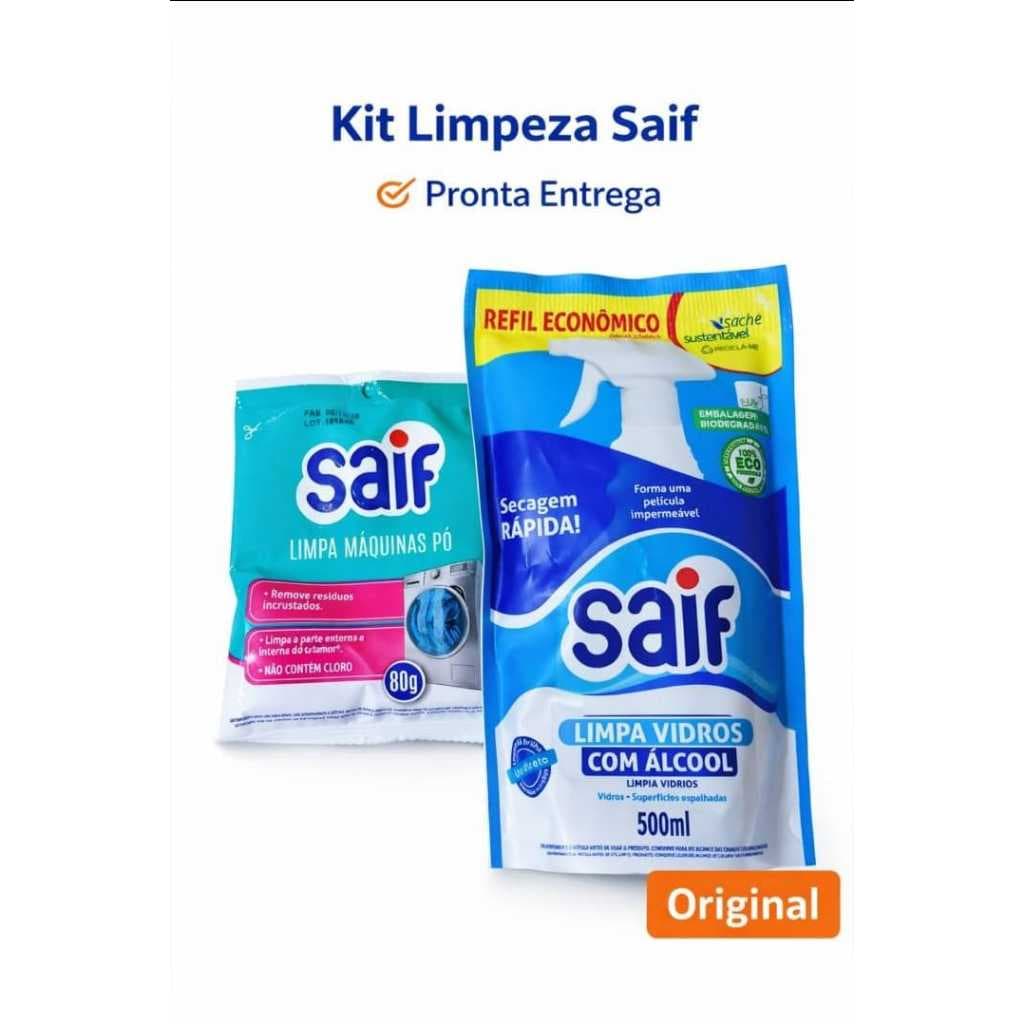 KIT Saif Limpa Máquinas em Pó – 80g  + Limpa Vidros com Álcool – Refil Econômico 500ml