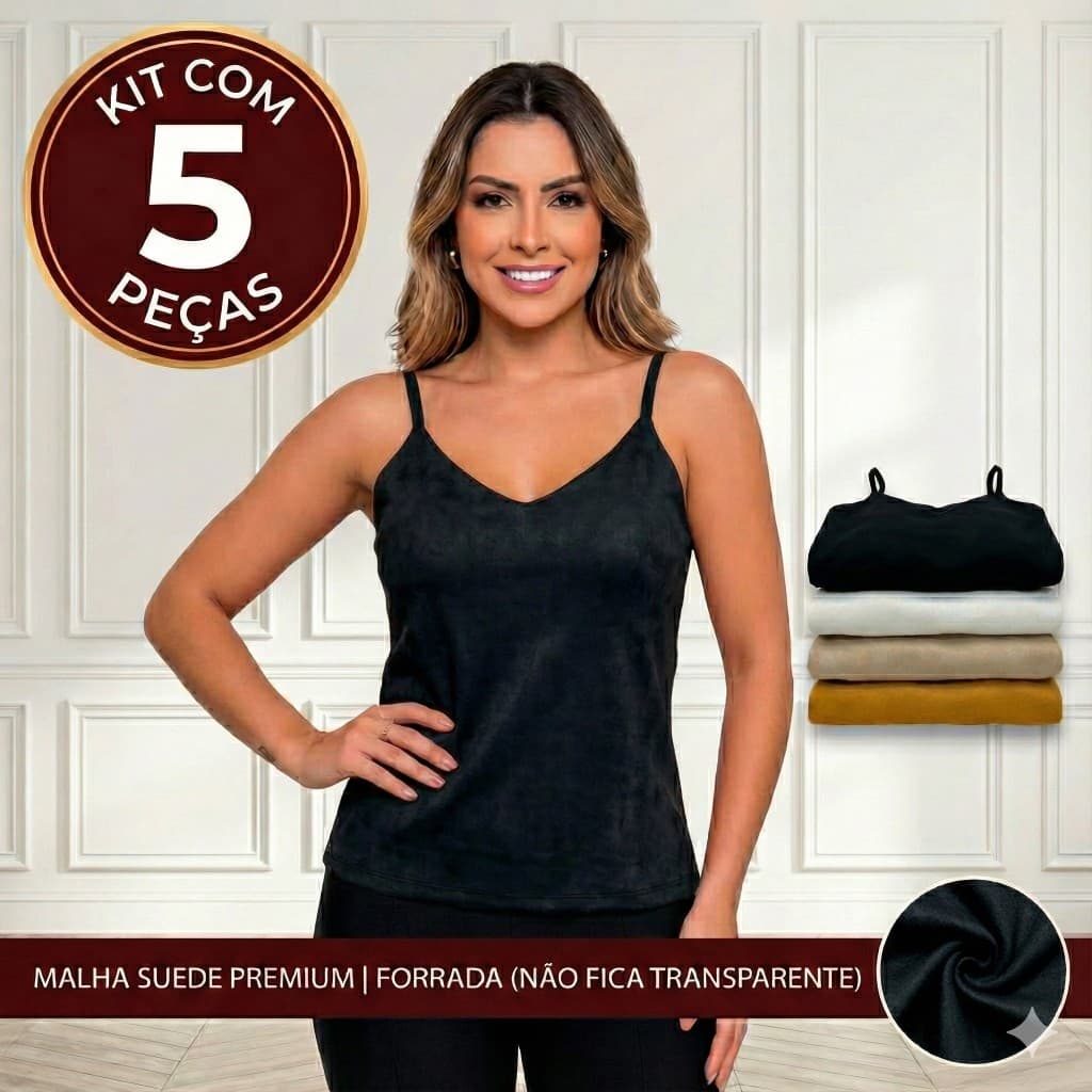 Kit 5 Regata Feminina Forrada Alcinha Suede Básica Decote V