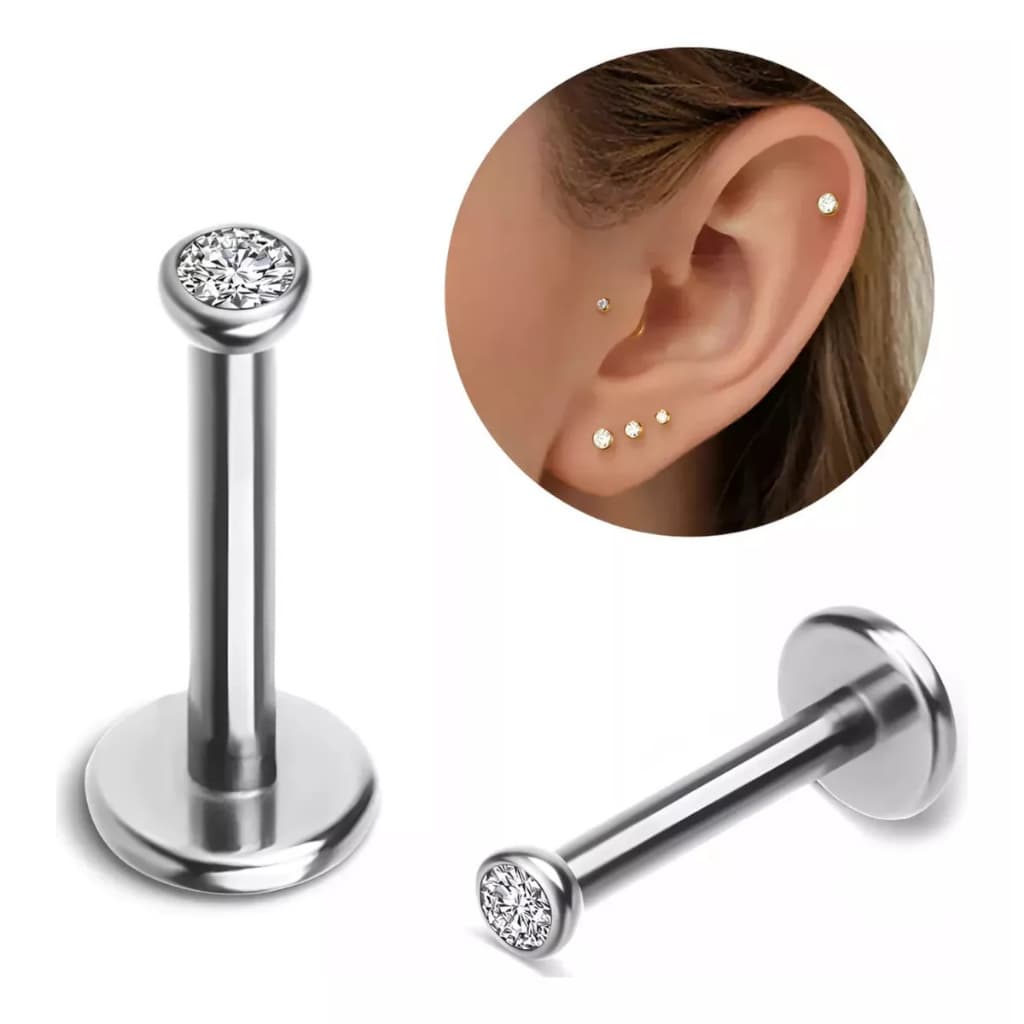 Piercing Titânio Ponto Luz Zircônia Helix Conch Labret Pvd Prata e Dourado