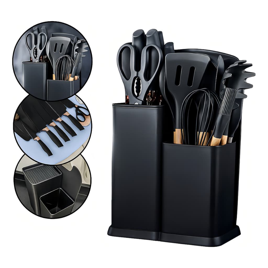 Jogo De Cozinha 19 Peças Silicone Cabo Madeira Com Suporte E Conjunto De Facas Profissional - Preto