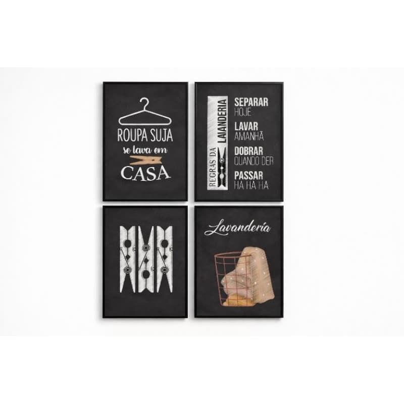 Kit 4 Quadros Decorativos Lavanderia Frases Modernas MDF