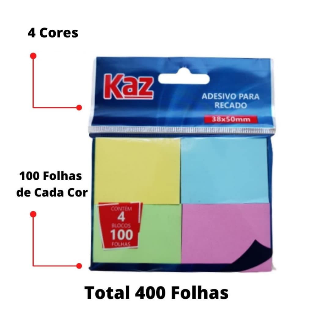 Bloco Auto Adesivo Colorido Recado Lembrete 400 Folhas KAZ