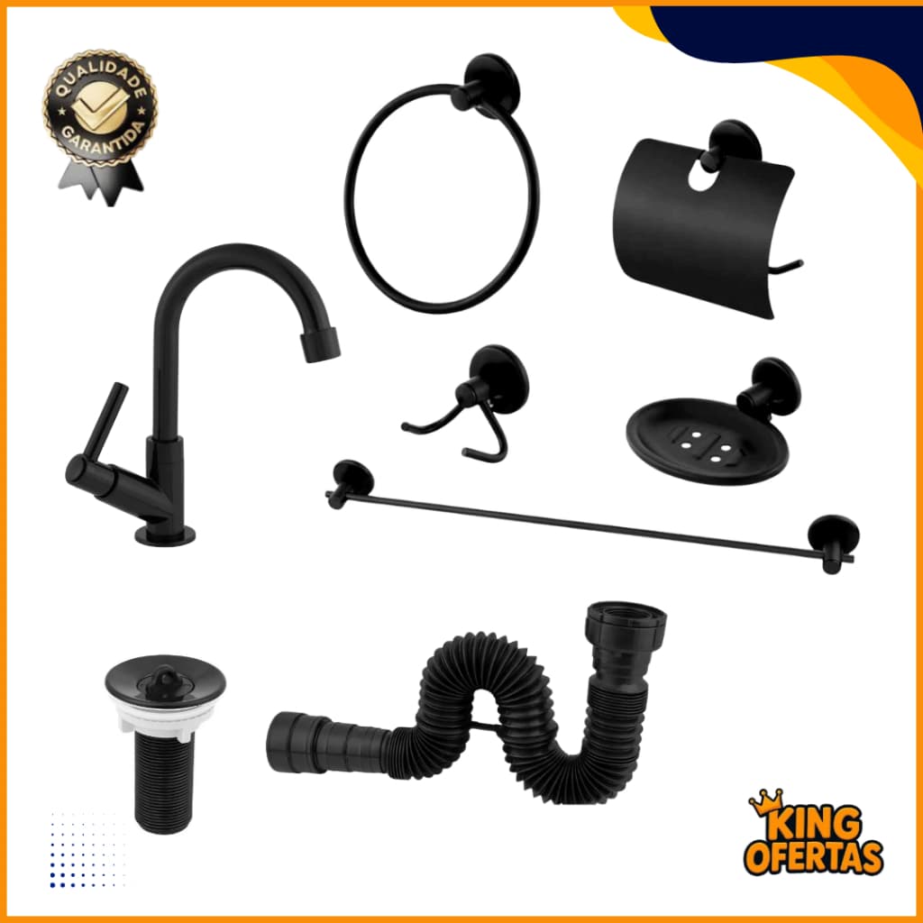 Kit Stander Black de Acessórios para Banheiro + Torneira Lavatório + Válvula + Sifão