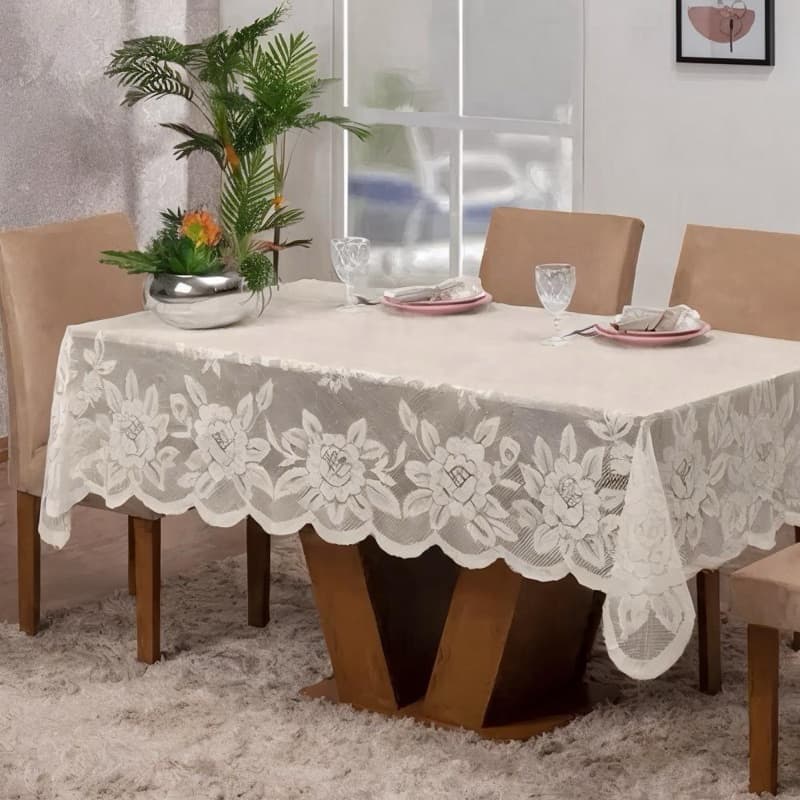 Toalha Mesa De Renda Luxo 2.30 x 1.50m Estampada Retangular Para 6 Cadeiras