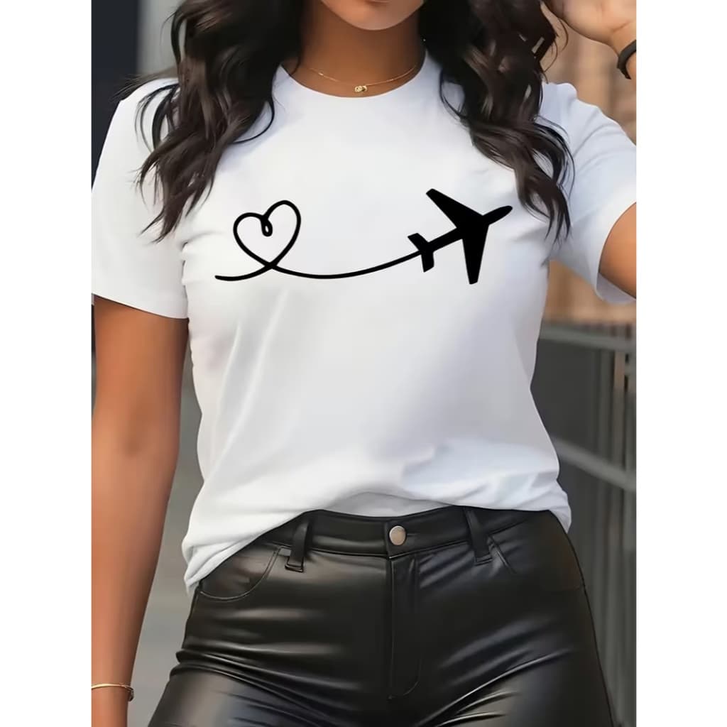 Camiseta feminina comfy tumblr algodão 100% estampa de avião com rastro de coração estilo leve e expressivo Viagem