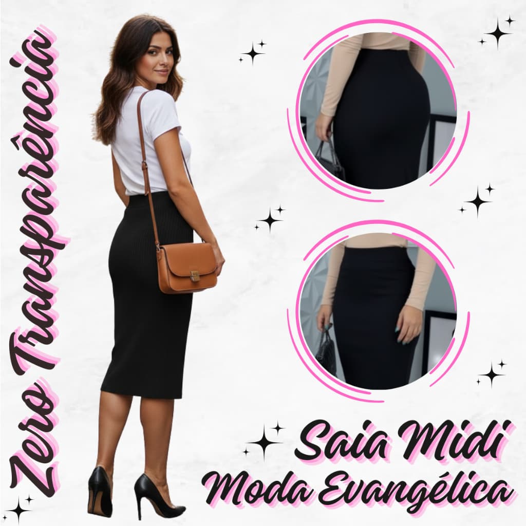 Saia Lapis Midi Feminina Cintura Alta Anarruga Canelada Moda Evengelica Casual Verão