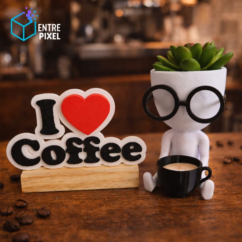 Cantinho do Café, Cozinha, Escritório e Presente Criativo, Decoração Coffee Time 3D com Boneco Vaso.