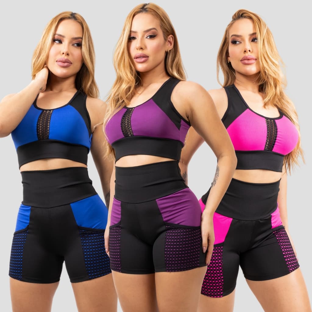 Conjunto de Academia  Feminino Fitness Top e Short Cintura Alta com Bolso