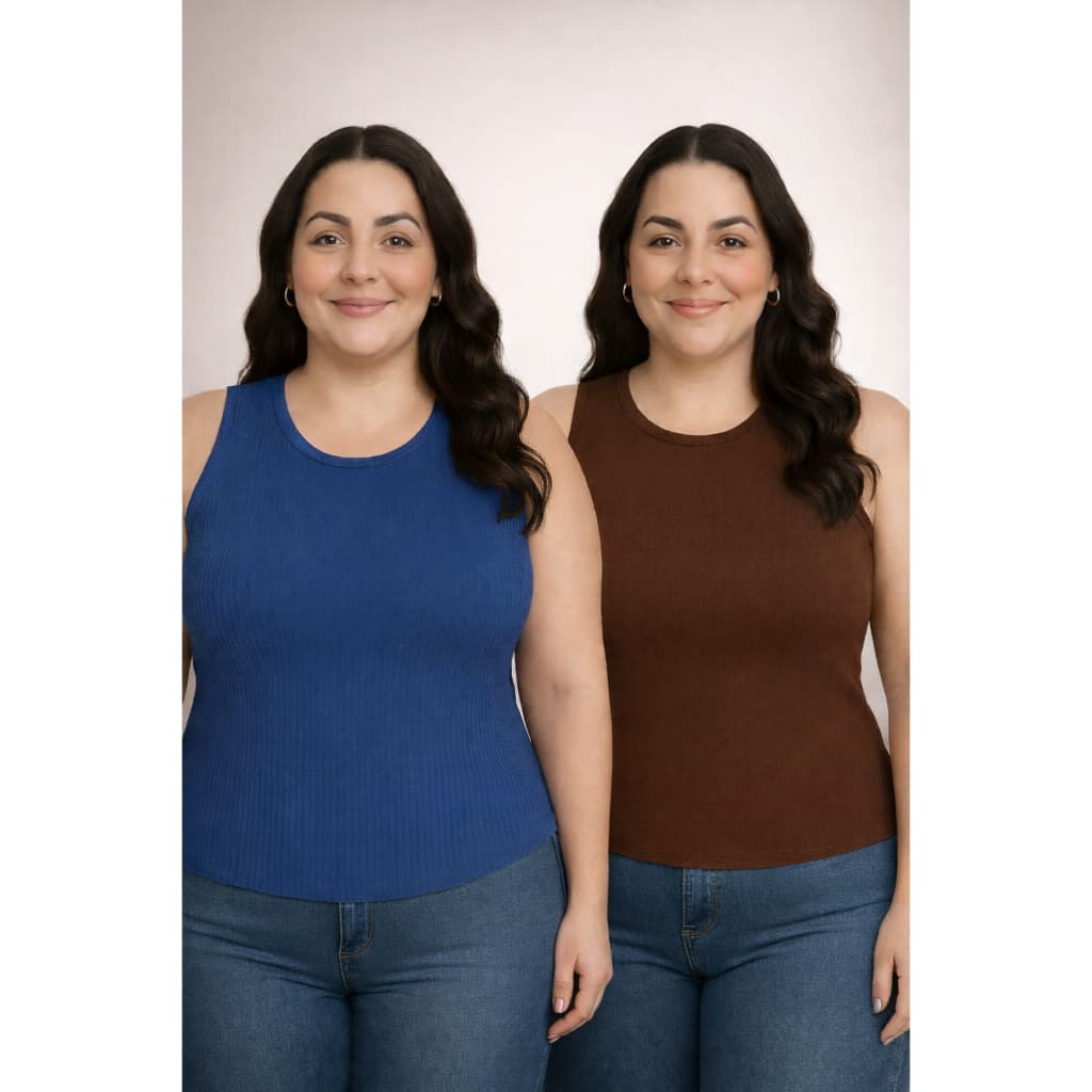 Kit 2 Blusas Regatas Femininas Plus Size – Alça Larga | Ribana com Toque Suave, Alta Qualidade e Conforto