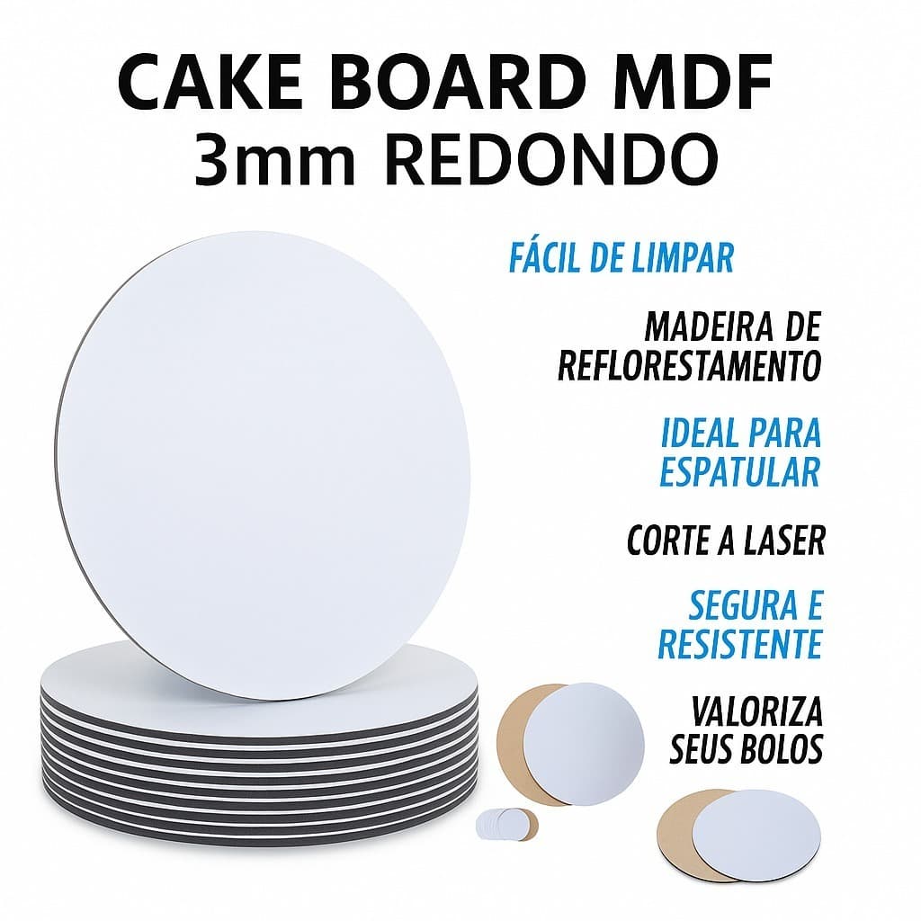 Kit 10 unidades Cake Board Redondo em MDF 3mm – Base para Bolo