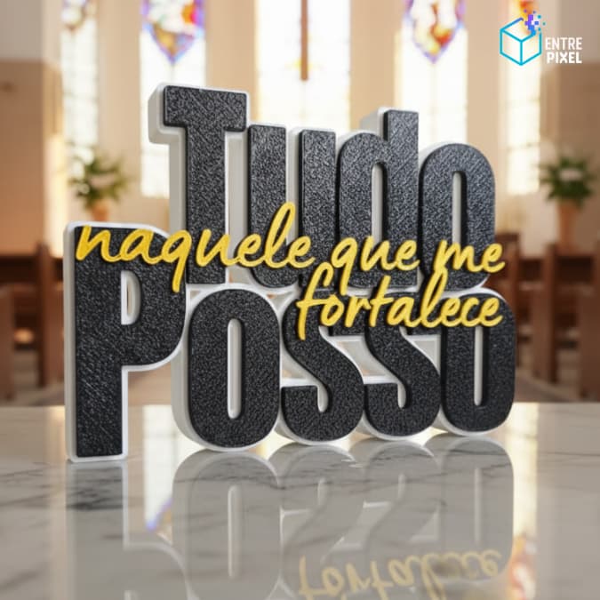 Placa Decorativa Religiosa Tudo Posso (naquele que me fortalece) Escultura de Mesa Premium em Relevo