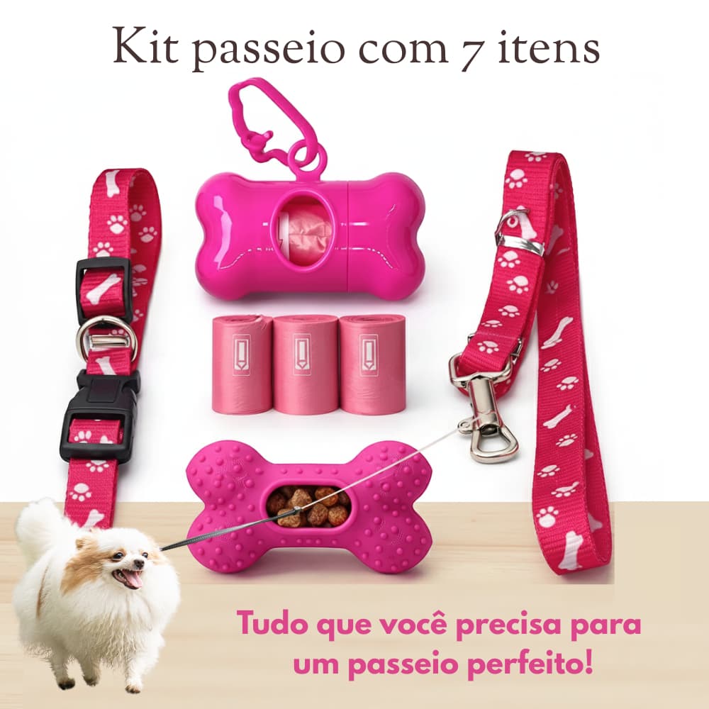 Kit Passeio Pet Completo | Coleira, Guia, Brinquedo Recheável e Saquinho Cata-Caca