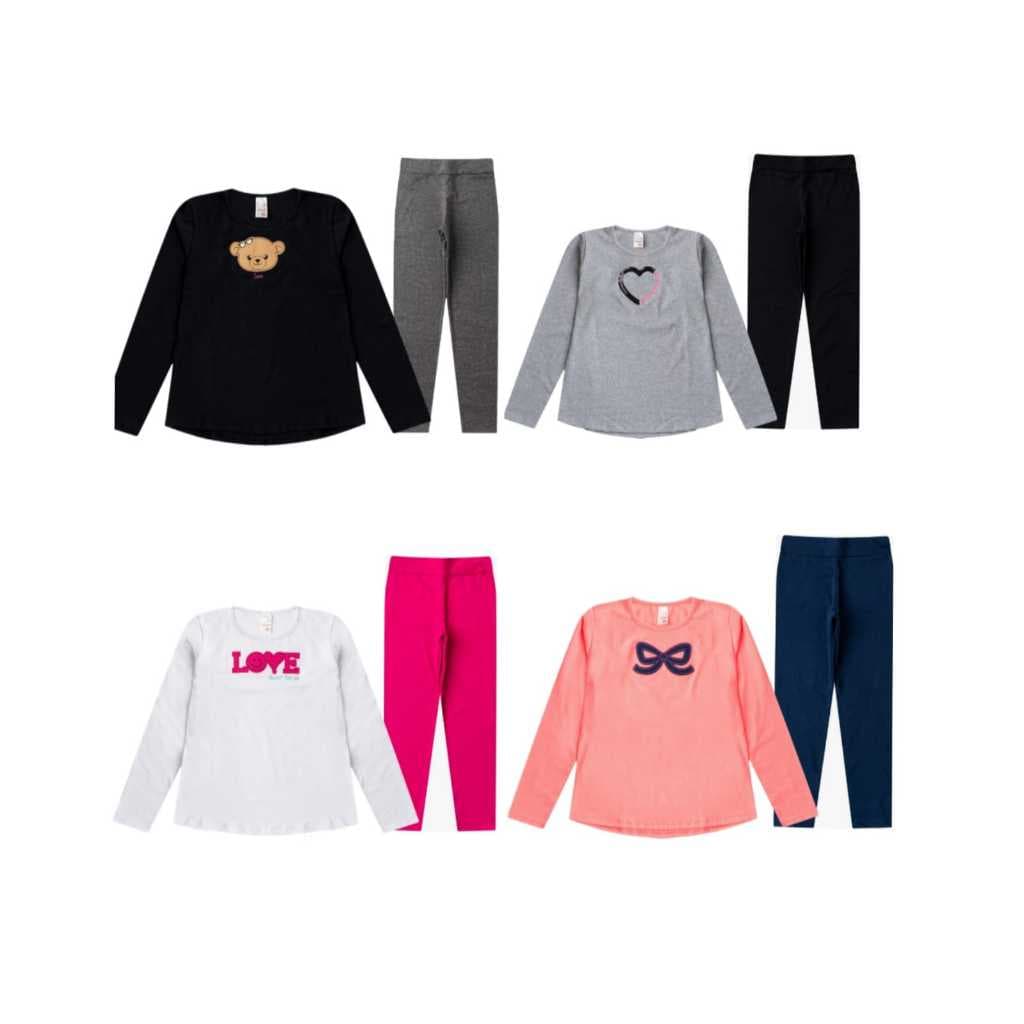 Kit Juvenil Menina 4 Peças – 2 Blusas Manga Longa Bordado em Cotton + 2 Leggings Suplex Lisa (Tam 10 ao 16)