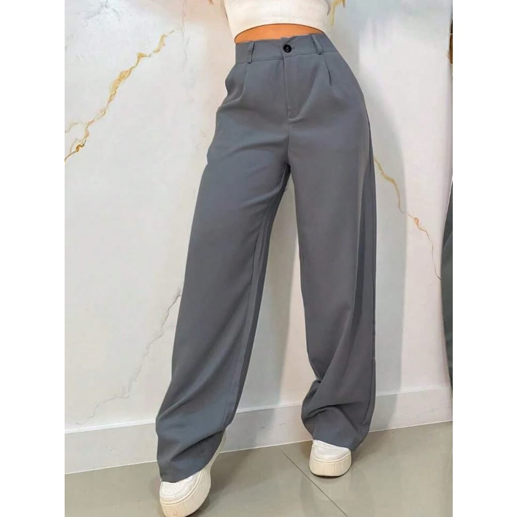 Calça Pantalona Feminina Alfataria com Botão e Ziper Wide Leg