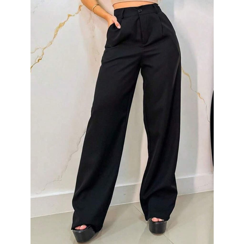 Calça Pantalona Alfaiataria com Botão e Ziper Premium Wide Leg