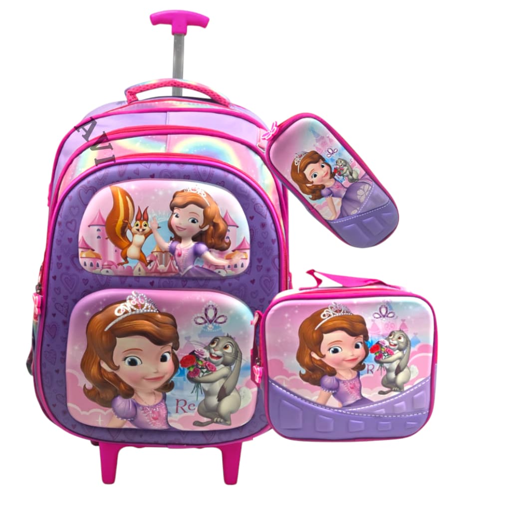 Kit mochila  Infantil Princesa Sofia 3D: Mochila com Rodinha + Lancheira + Estojos