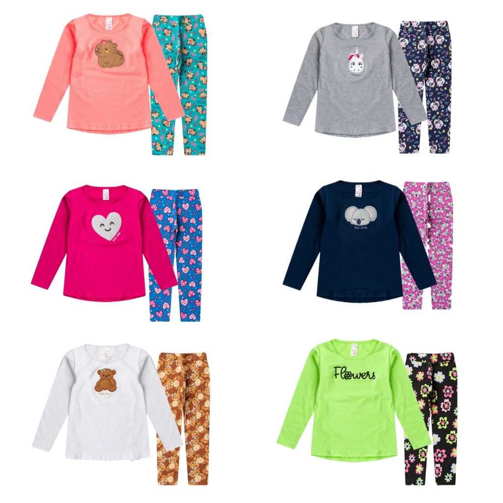 Kit com 6 peças Feminina/Menina 3 blusas manga longa  3 calças legging estampadas