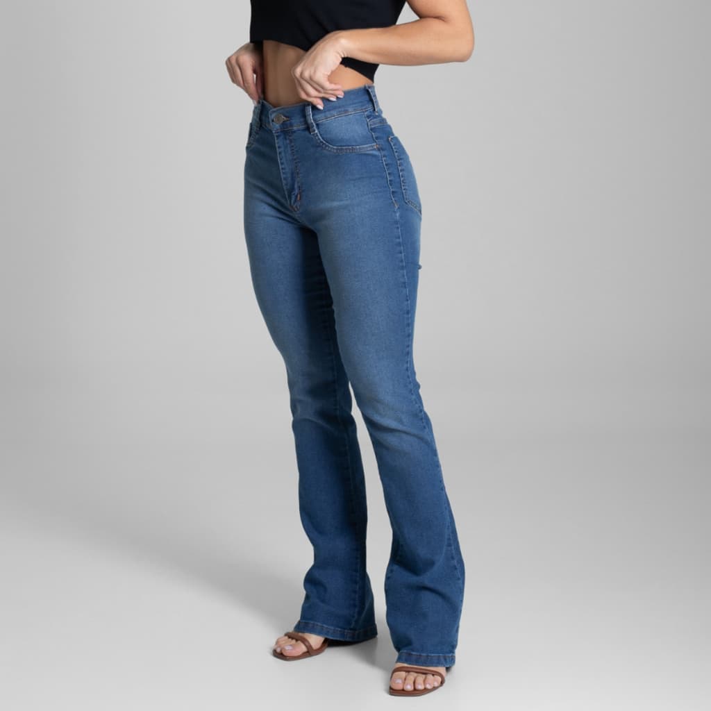 Calça Jeans Feminina Sawary Original Cintura Alta Flare Boca Sino Lycra Elastano Premium Lançamento