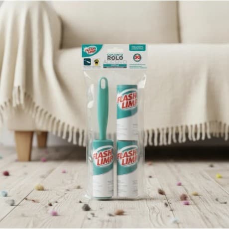 Conjunto 3x Rolo Adesivo E Cabo Flash Limp Remove Pelos Fiapos E Bolinhas Com Facilidade
