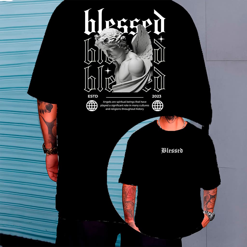 Camiseta Oversized Blessed Unissex Estampa Anjo Religiosa Cristã Streetwear Fé Estilo Urbano