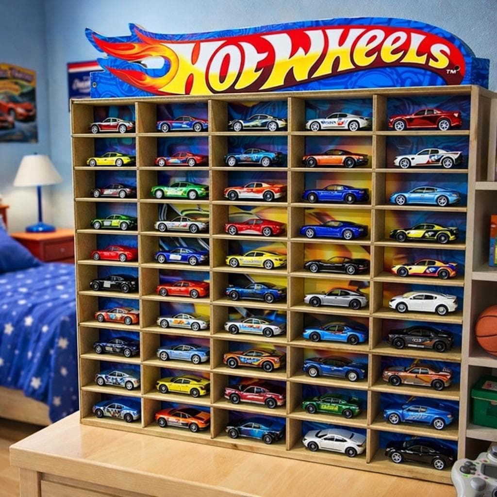 Estante Porta Hot-Wheelss azul Para 50 Carrinhos Mdf Adesivado Menor Preço