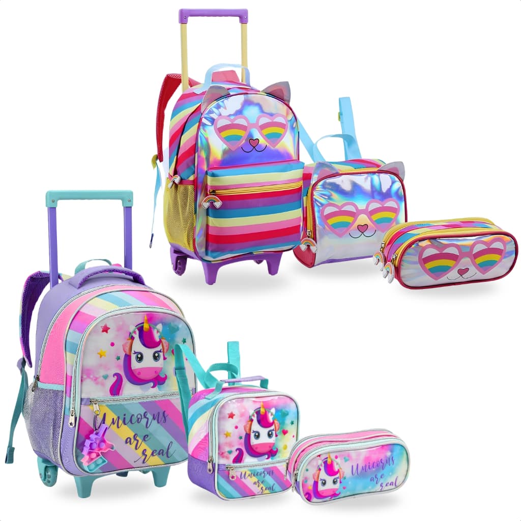 Kit Mochila de Rodinha Infantil Menina Holográfica Escolar + Lancheira Térmica + Estojo 25 litros
