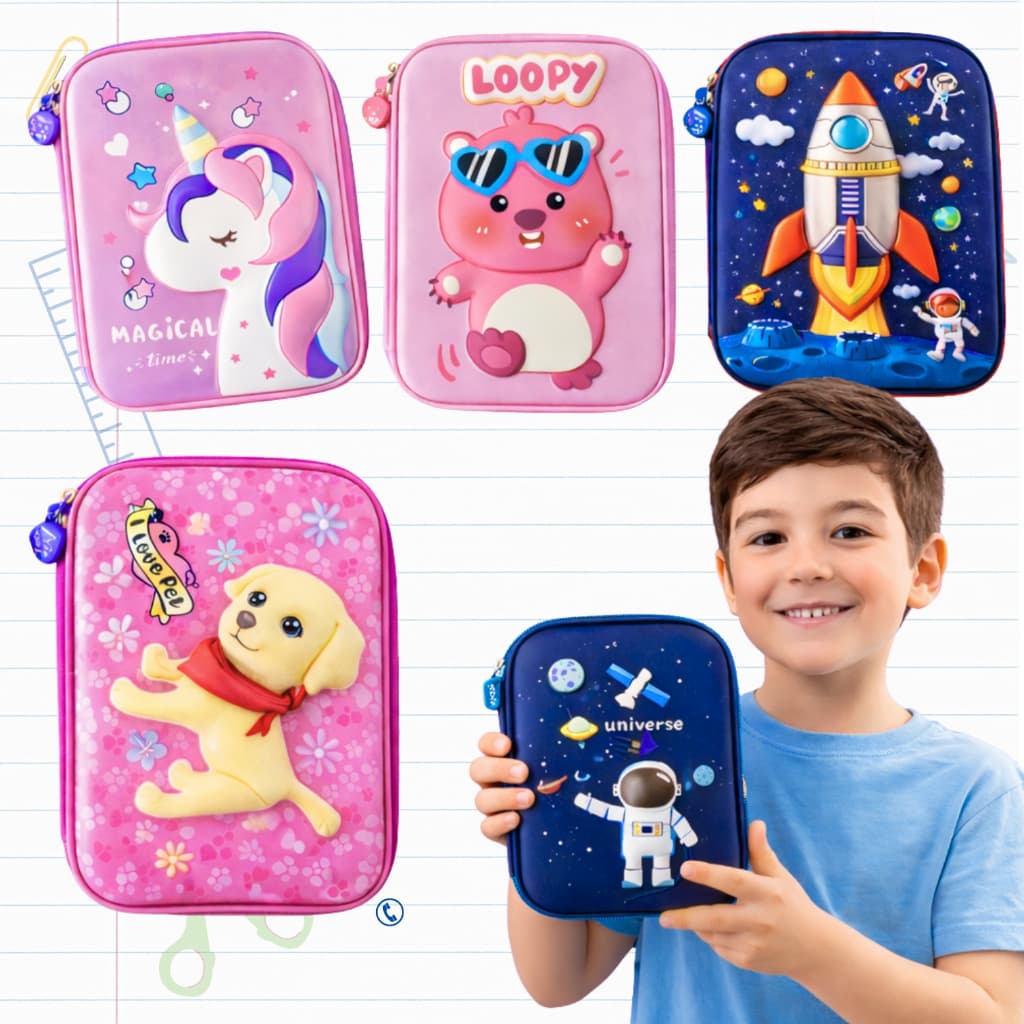 Estojo De Lápis Infantil 3D varios Desenho Unicórnio Futebol Astronauta Menino Menina Escolar Multiuso