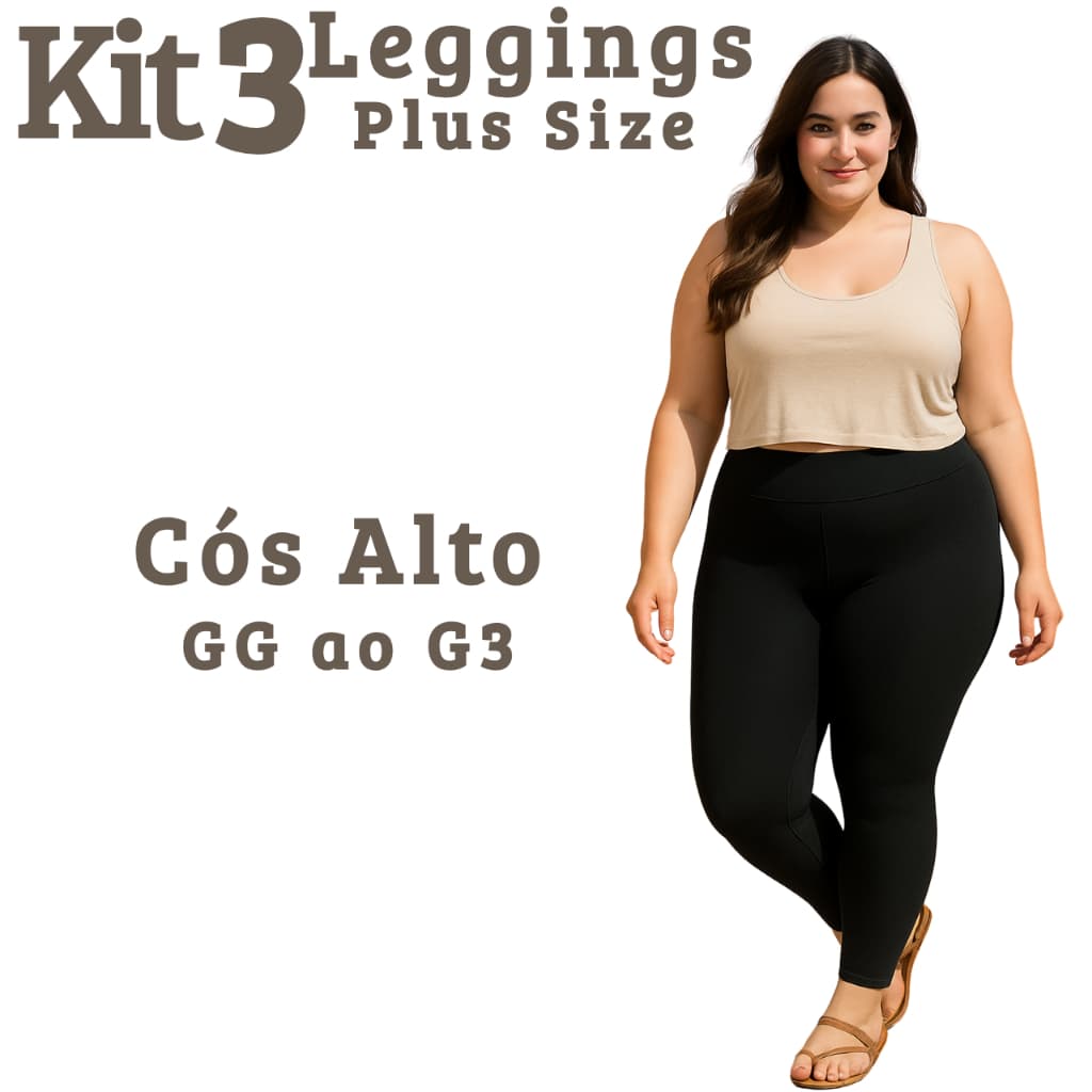 Kit 3 ou 2 Calças Legging Feminina Plus Size Lisa Cintura Alta Conforto Academia GG G1 G2 G3