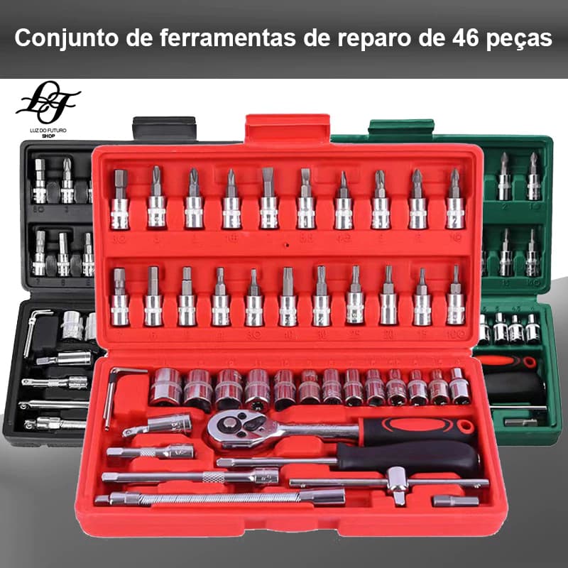 Kit de Ferramentas para Carros e Motos, 40/46 Peças com Chave de Catraca Dupla Face e Caixa Organizadora