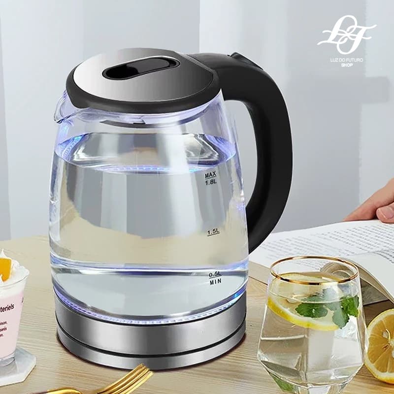 Chaleira elétrica de vidro, 1,8L, 127V/220V, água fervente rápida com tampa, desligamento automático.