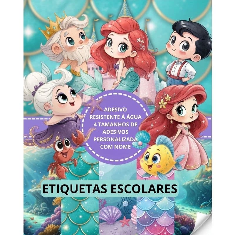 kit 125un Etiquetas Escolares Adesivo Personalizado Sereia Ariel