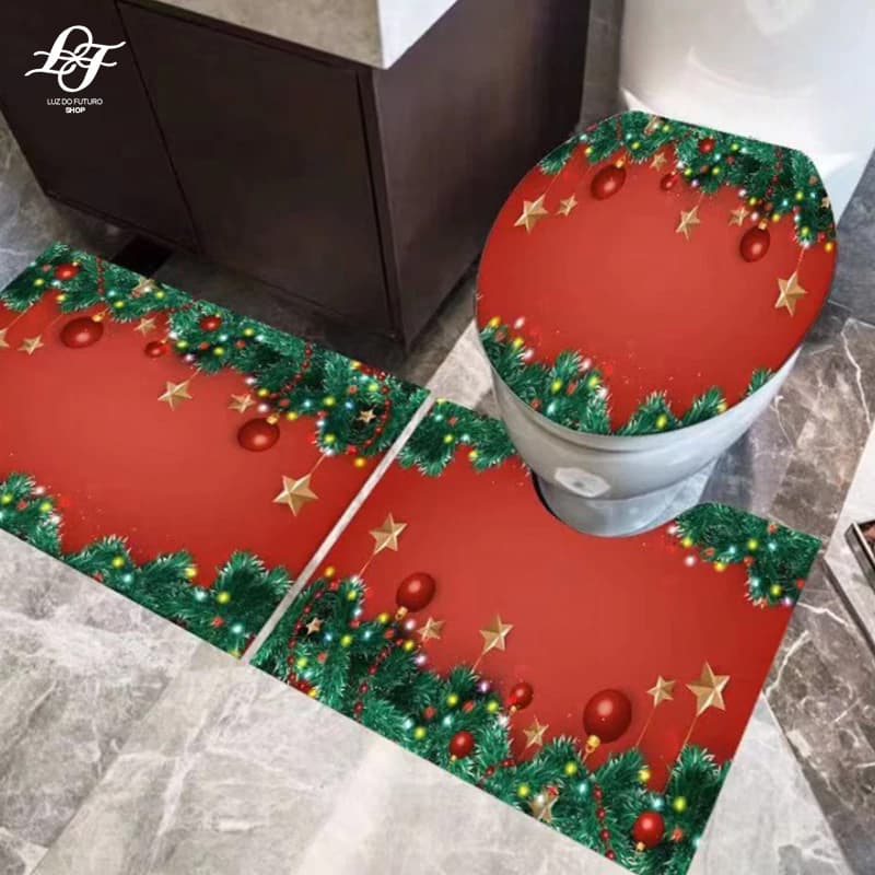 Conjunto de 3 Tapetes para Banheiro - Estilo Natalino, Antiderrapante e Decorativo