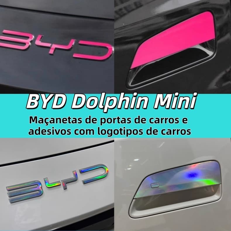 Adesivo Logo + kit4 Capa Maçaneta + Emblema Frontal BYD Dolphin Mini | Rosa/Iridescente/Preto | Acessório Carro