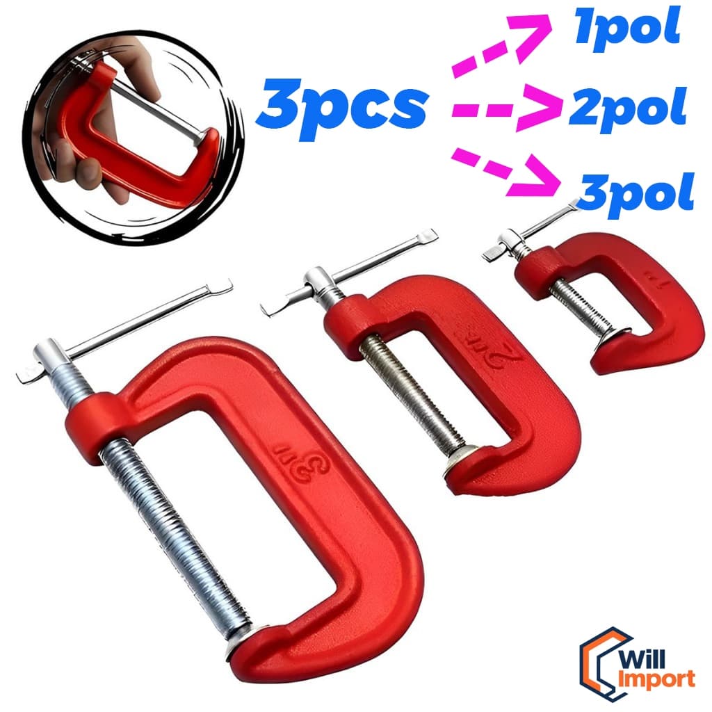 Jogo De Grampos Sargento Tipo C 1" / 2" / 3" Polegadas 3 Peças Marcenaria Carpintaria