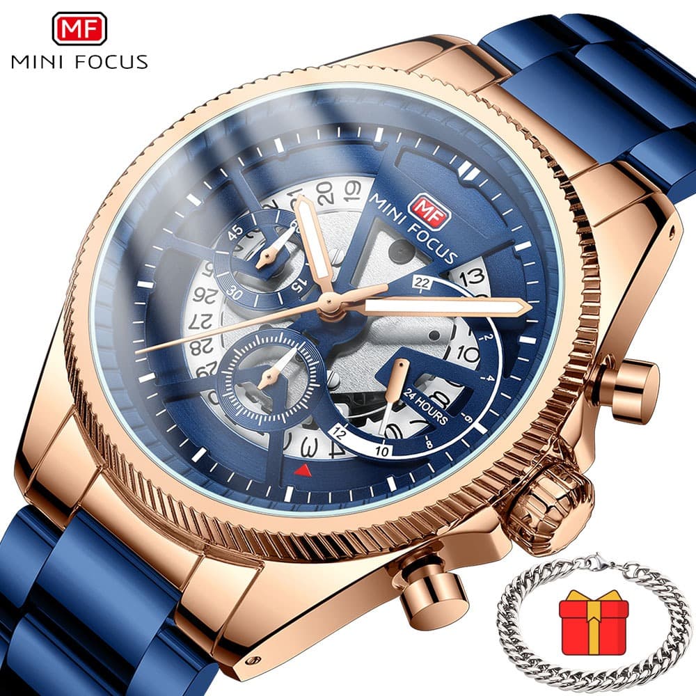MINI FOCUS Relógio Quartzo Masculino Luxo Homens à prova d'água Data Aço Inoxidável Pulseira Relógio