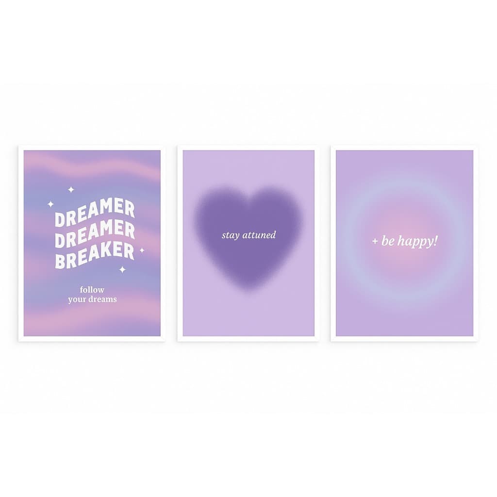 Quadros Decorativos Abstrato Roxo Aquarela Lilás Feminino Delicado Minimalista  Coração Frases Rosa