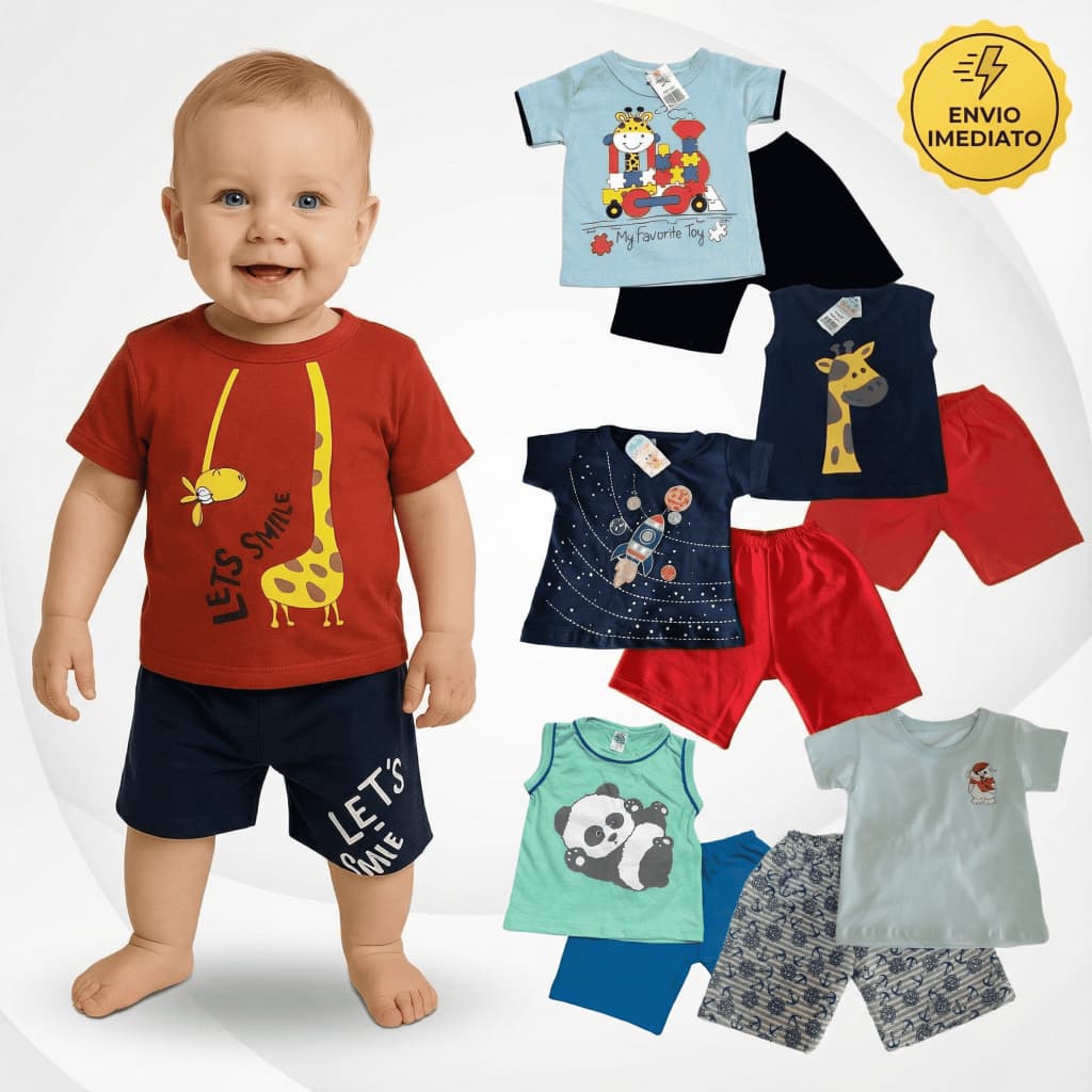 Kit 6 Peças de Roupas Menino Conjunto Infantil Verão 3 Camisas + 3 Bermudas 100% Algodão
