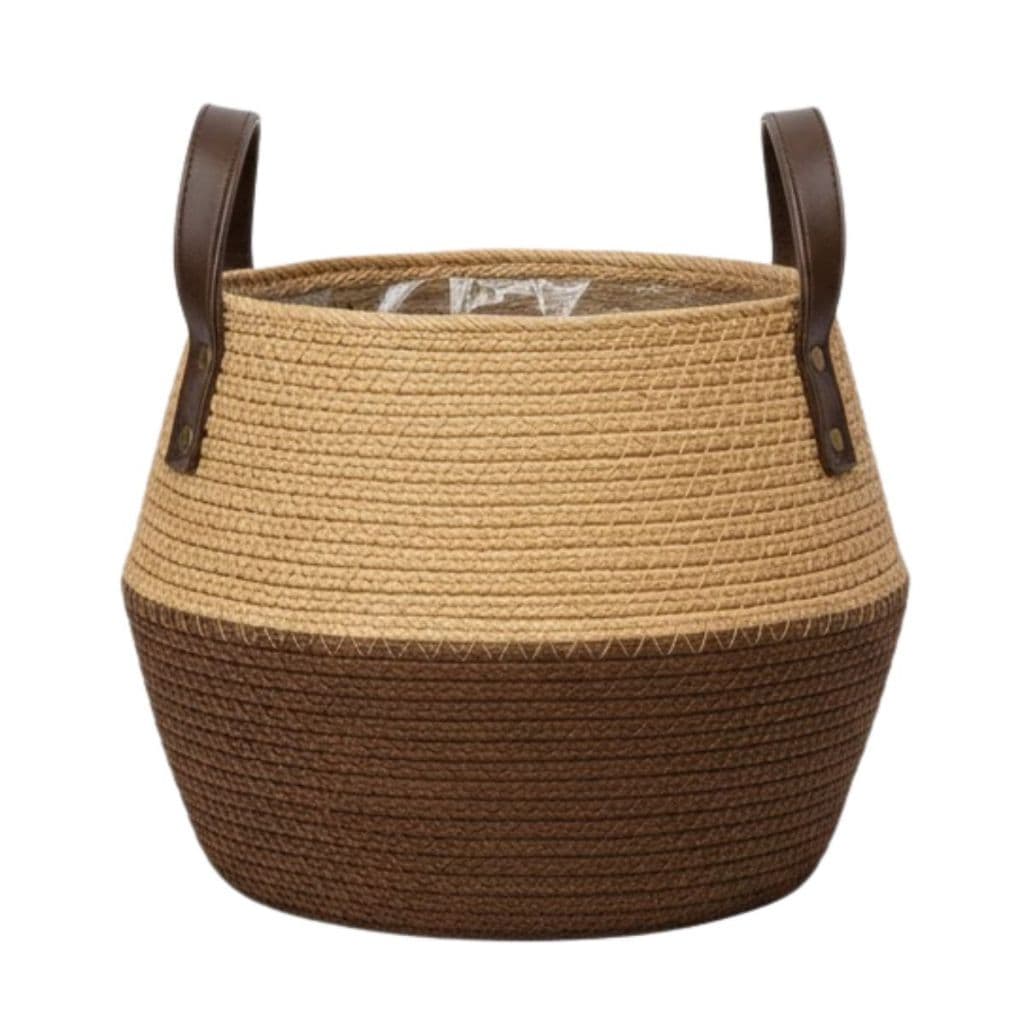 Cesto Decorativo de Algas Marinhas com Alça de Couro – Cachepô Rústico Boho Artesanal Multiuso