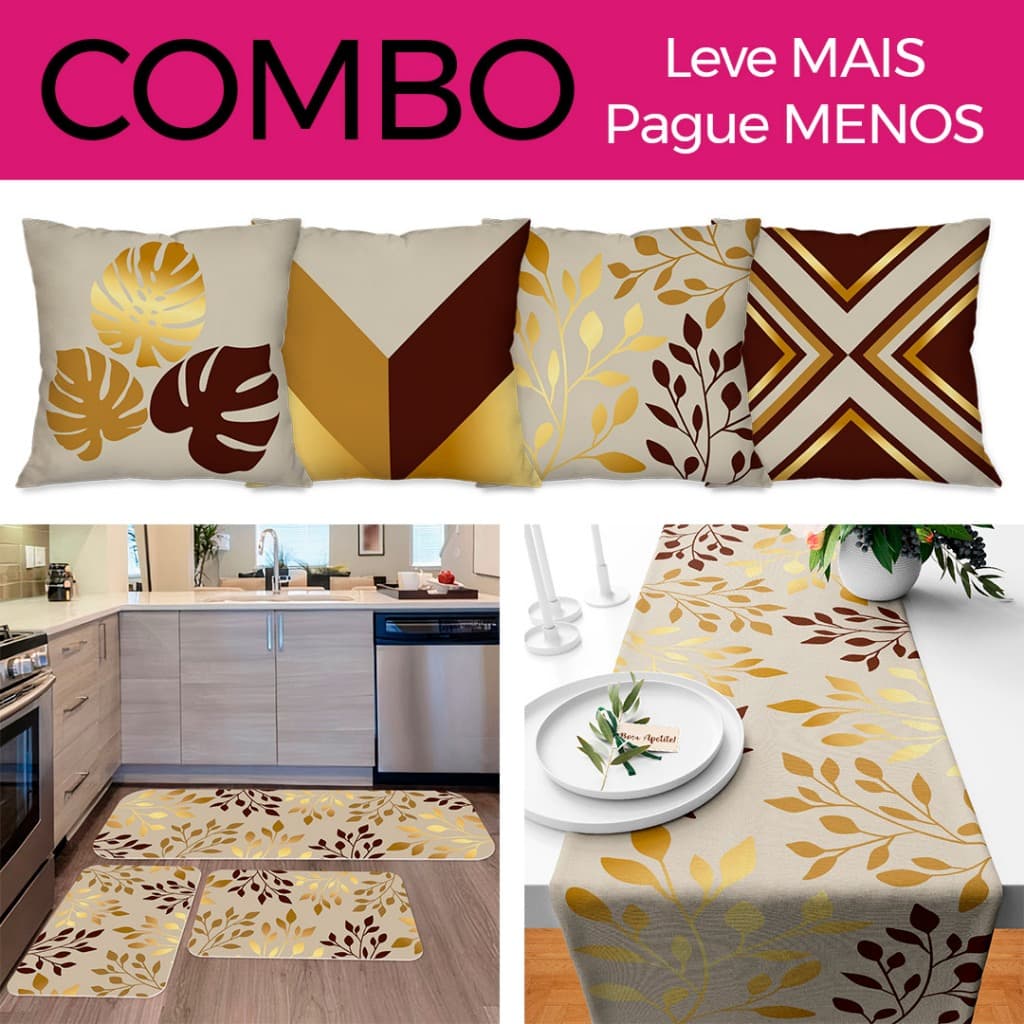 COMBO: Kit com 4 Capas para Almofadas + Kit com 3 Tapetes para Cozinha + Trilho de Mesa