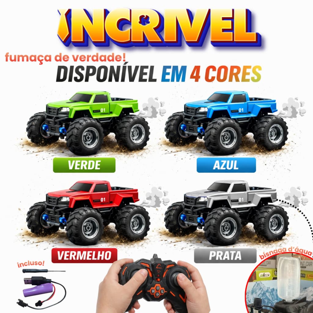 Carrinho de Controle Remoto Stunt Car 4X4 Brinquedo Infantil Solta Fumaça Vapor Bateria Recarregável