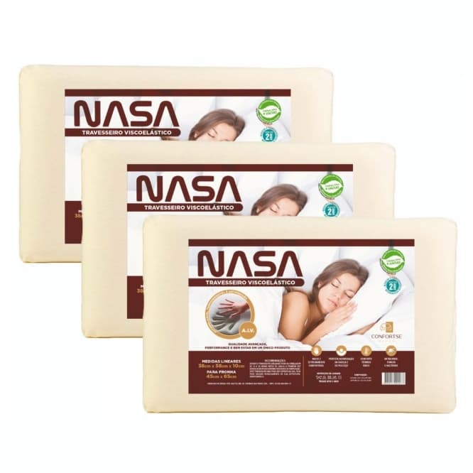 Kit 3 Travesseiros Nasa Ortopédico Cervical Viscoelástico Anatômico Antiácaro Alivia Dores