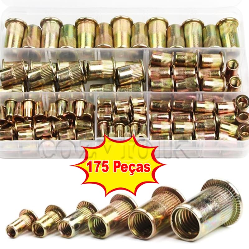 Kit 175 Peças De Rebites De Rosca M3 A M12 Aço Porca De Rebite Com Cabeça Plana