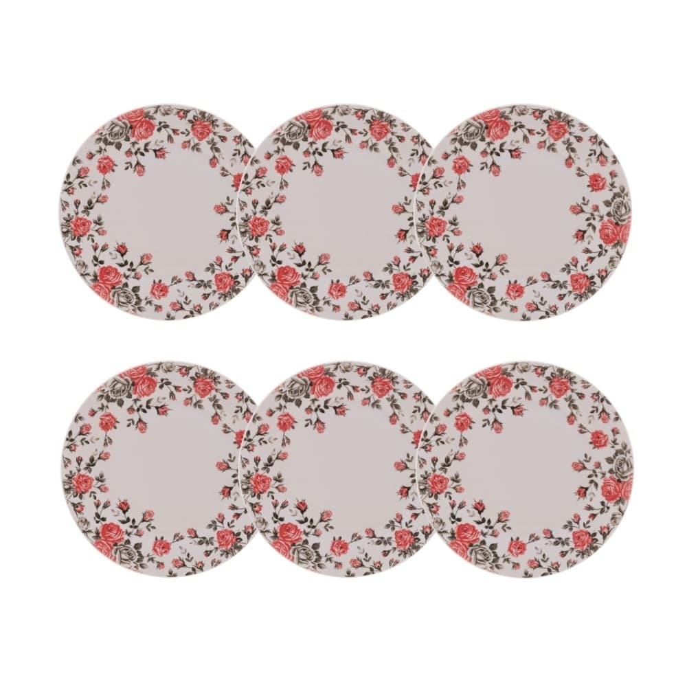 Cj 6 Pratos Rasos de Porcelana Branca C/Estampa Pink Garden 27cm Lyor