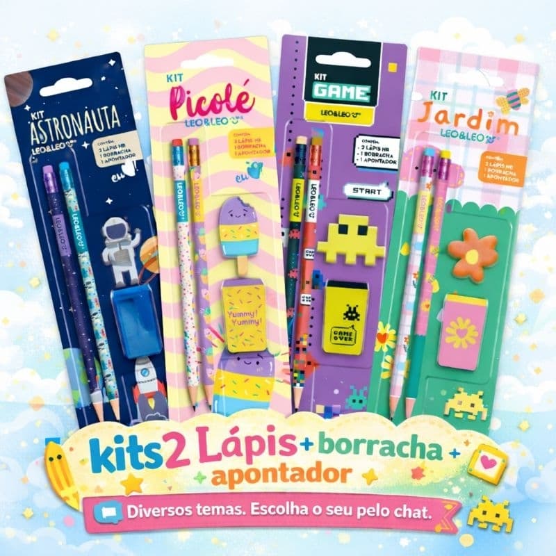 Kit Lápis HB Personagens Leo&Leo (c/ 2 Lápis com Borracha e Apontador )