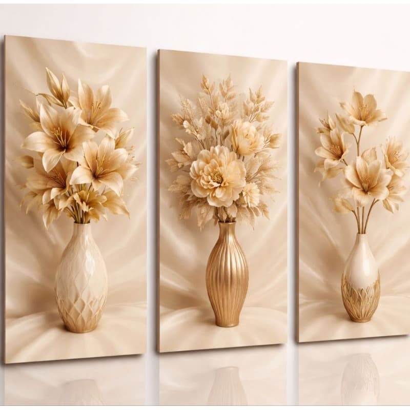 Quadro Decorativo 3 Peças Flores Vasos Elegante Tons Bege E Dourado