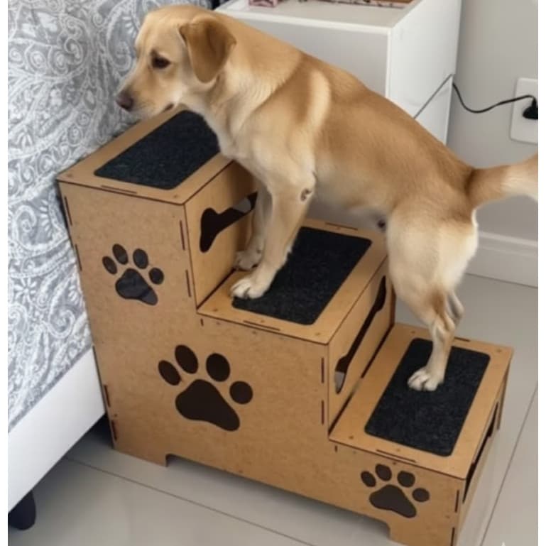 Escadinha Escada Madeira MDF Gatos Cachorro Carpete Antiderrapante 3 Degraus Desmontavel Facilidade
